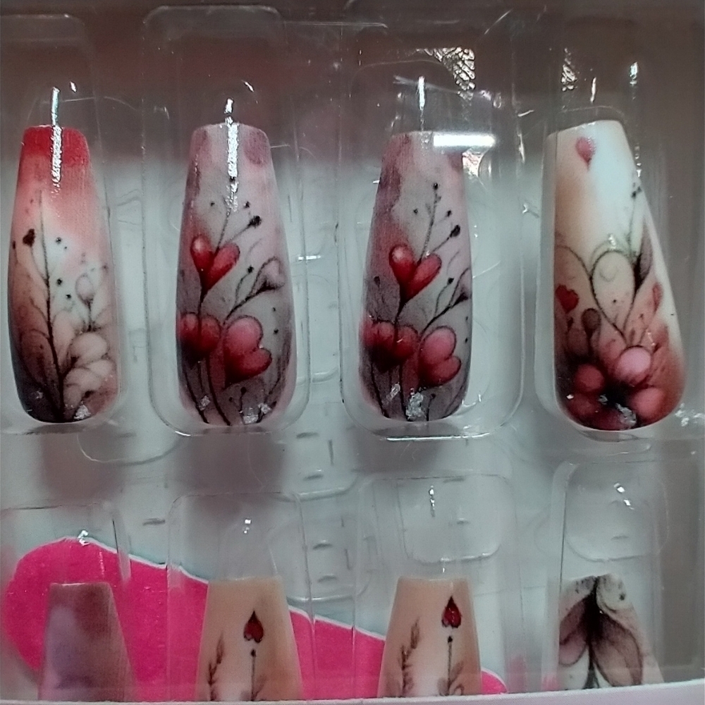 Press on nails red white heart flower floral set
